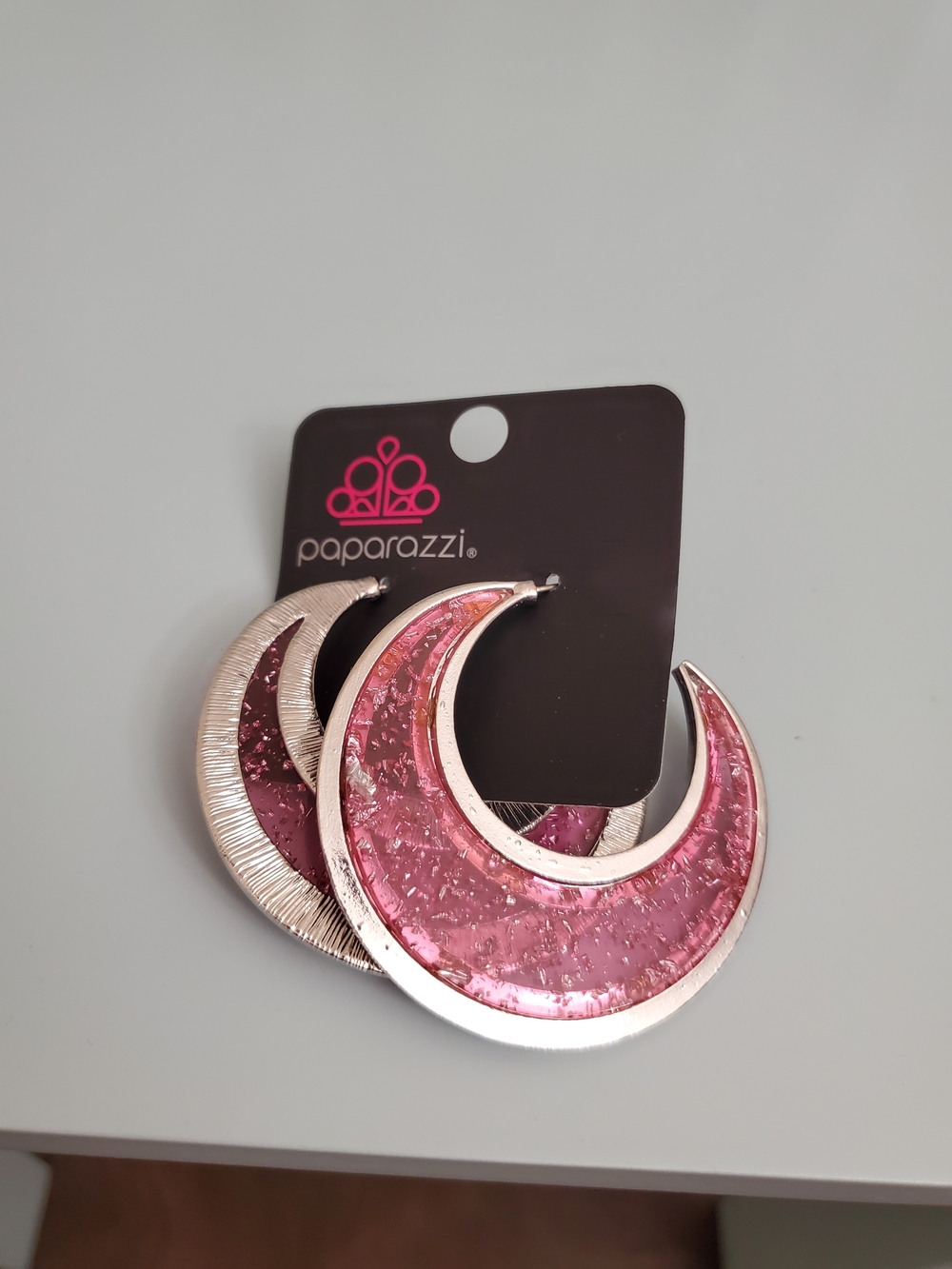paparazzi Pink Crescent Hoop Earrings with Silver Trim